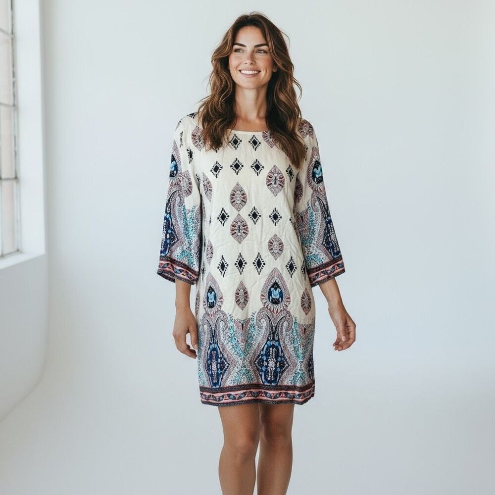 White Blue Abstract Floral Mini Flare Sleeve Dress Swimsuit Cover Up size M